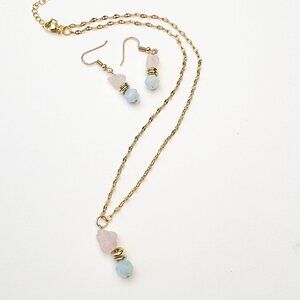 Rose Quartz Amazonite Necklace Earring Set Gold Stainless Steel Minimalist
